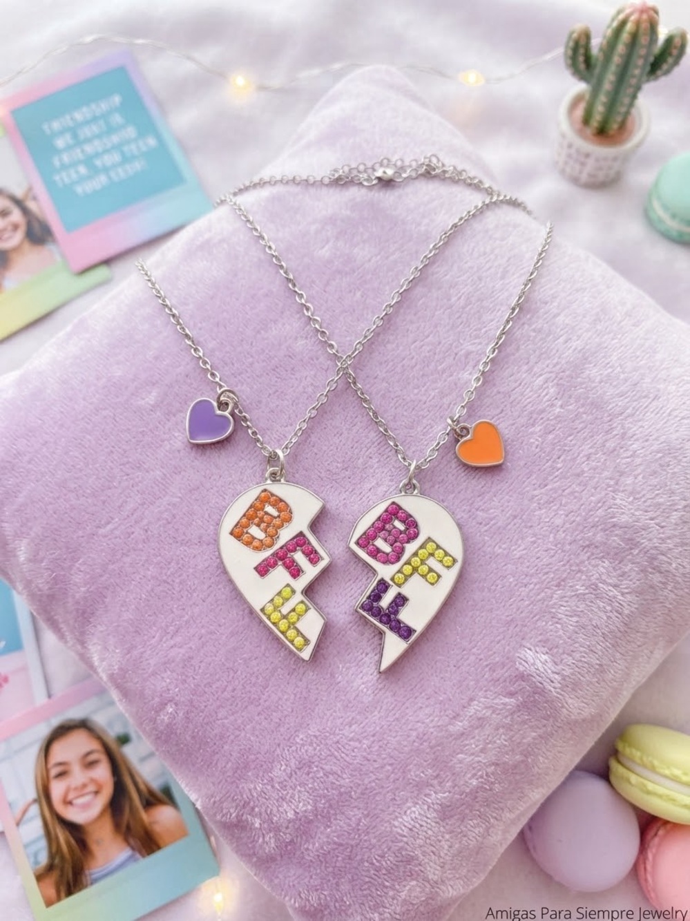 BFF Heart Split Pendant Necklaces - Colorful Rhinestone Best Friends Set